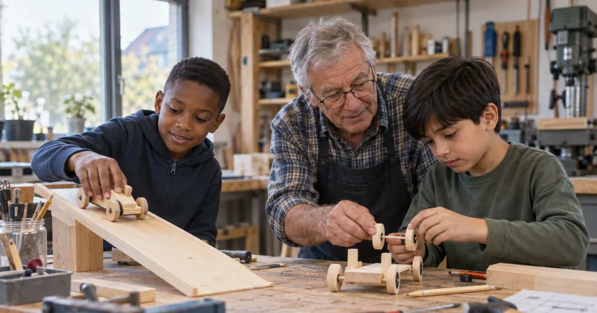 Kinder bauen kleine Fahrzeuge und testen eines davon auf einer Rampe.