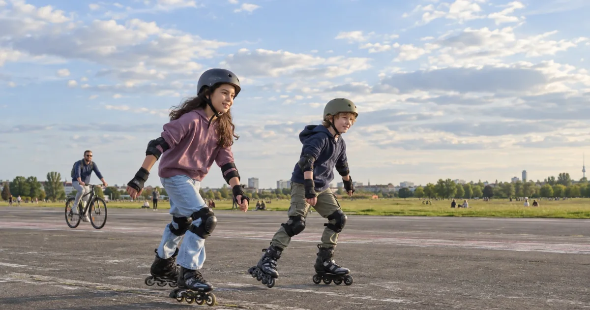 Zwei Kinder fahren mit Helm und Schonern auf einer breiten Asphaltfläche Inliner.