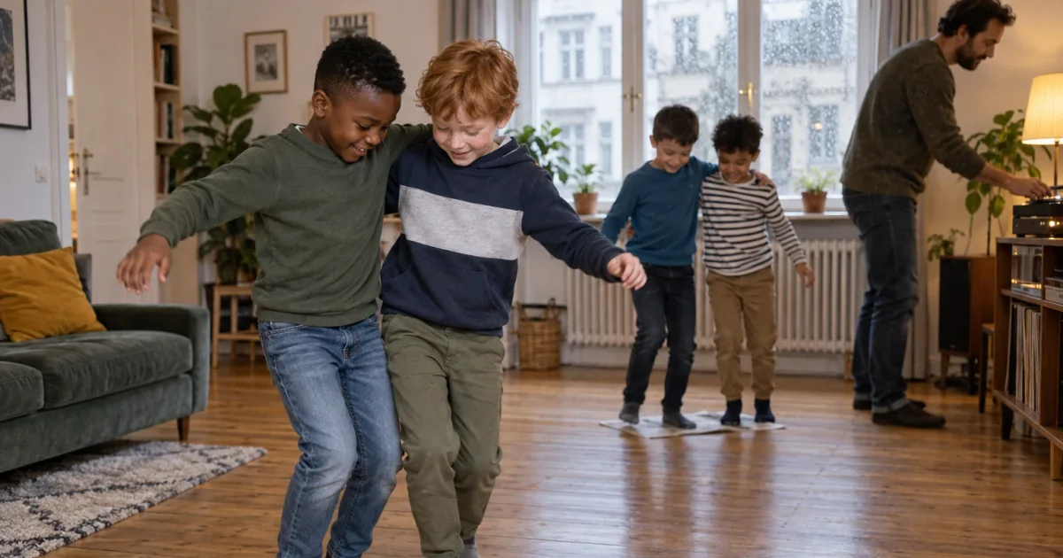Zwei Kinder versuchen beim Zeitungstanz gemeinsam auf einem gefalteten Blatt stehen zu bleiben.