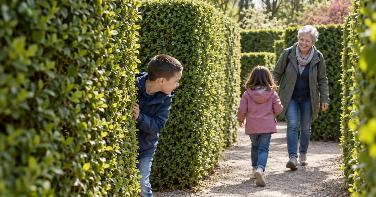 Kinder entdecken mit einer Begleitperson die Wege zwischen hohen Hecken.