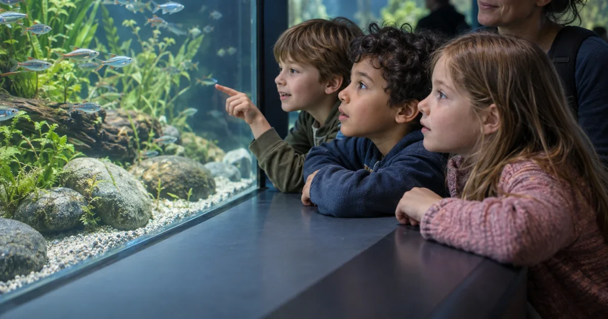 Kinder beobachten einen Fischschwarm hinter der Scheibe eines Aquariums.