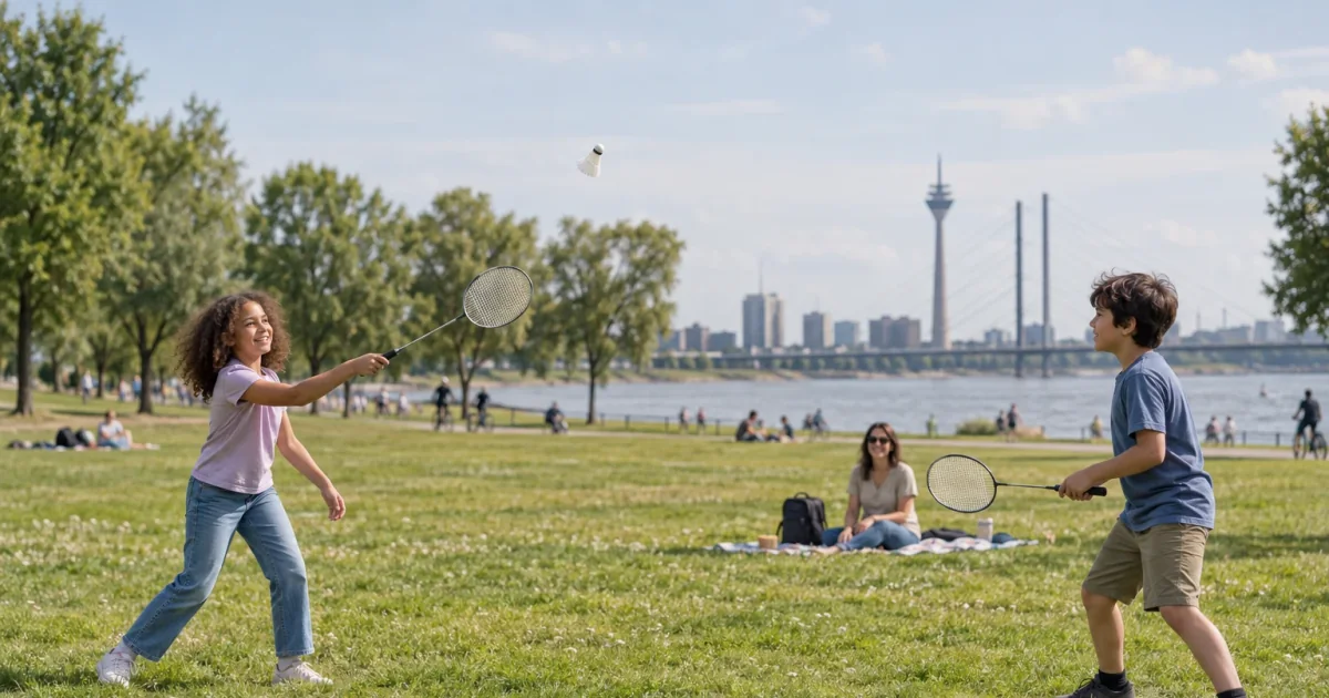 Zwei Kinder spielen Federball auf einer Wiese am Rhein.