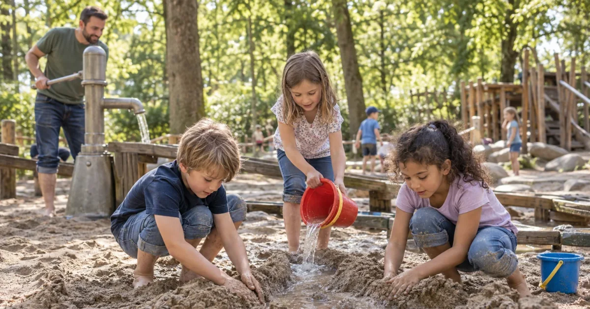 Kinder leiten Wasser durch einen selbst gebauten Kanal im Sand.