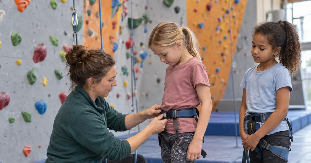 Ein Trainer überprüft den Klettergurt eines Kindes vor einer Kletterwand.