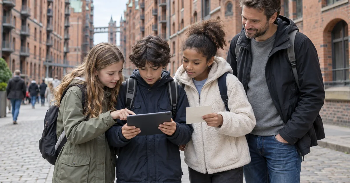 Drei Kinder vergleichen bei einer Rätseltour in der Speicherstadt ein Tablet mit einer Hinweiskarte.