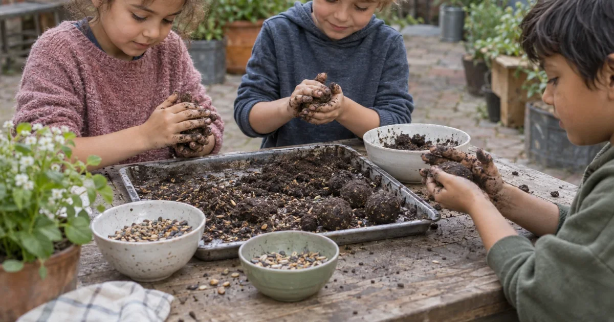 Kinder rollen aus Erde, Ton und Samen kleine Kugeln für Blumen.