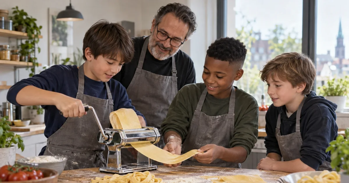 Kinder rollen mit einer Nudelmaschine einen Teig aus, während ein Erwachsener hilft.