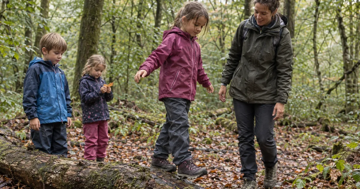 Kinder balancieren mit einer erwachsenen Begleitperson über einen niedrigen Baumstamm im Wald.
