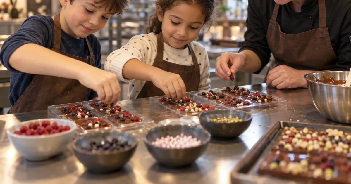 Kinder verzieren selbst gemachte Schokolade mit kleinen bunten Zutaten.