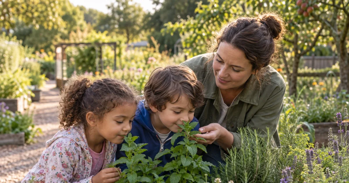 Zwei Kinder riechen an Kräutern in einem Garten.