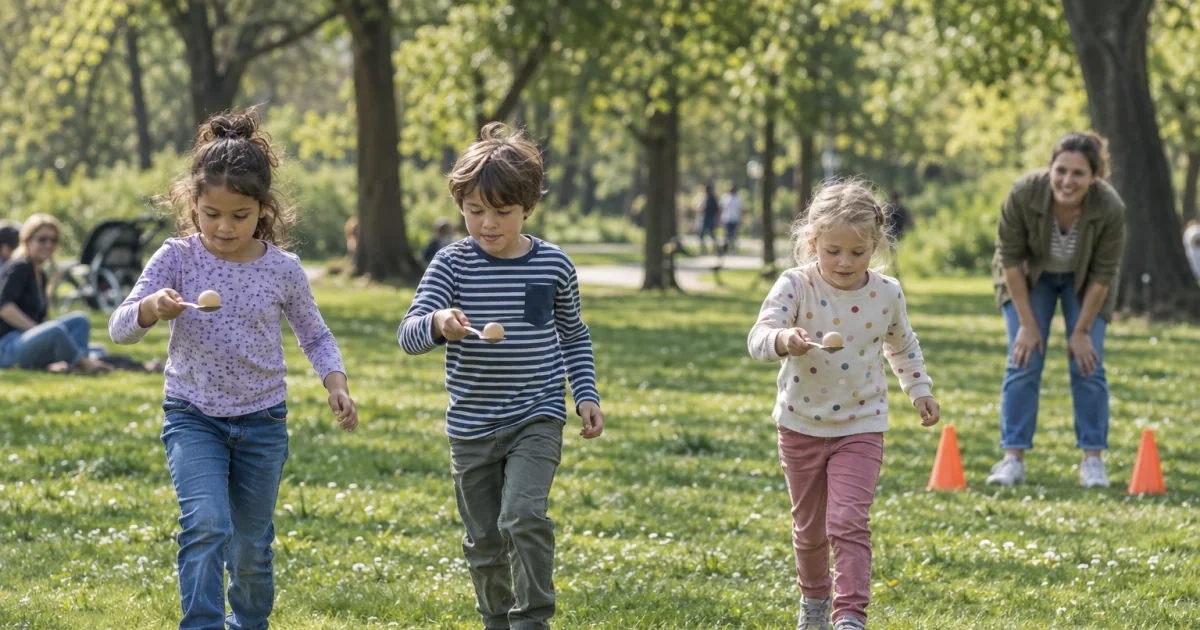 Kinder balancieren beim Eierlauf kleine Holzeier auf Löffeln.