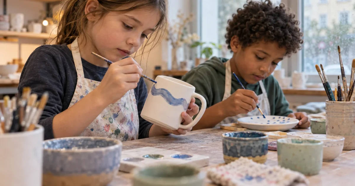 Kinder bemalen eine Tasse und einen Teller mit Pinseln.