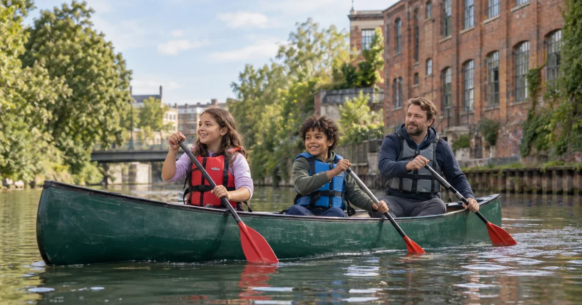 Zwei Kinder und ein Erwachsener paddeln mit Schwimmwesten auf einem ruhigen Kanal.
