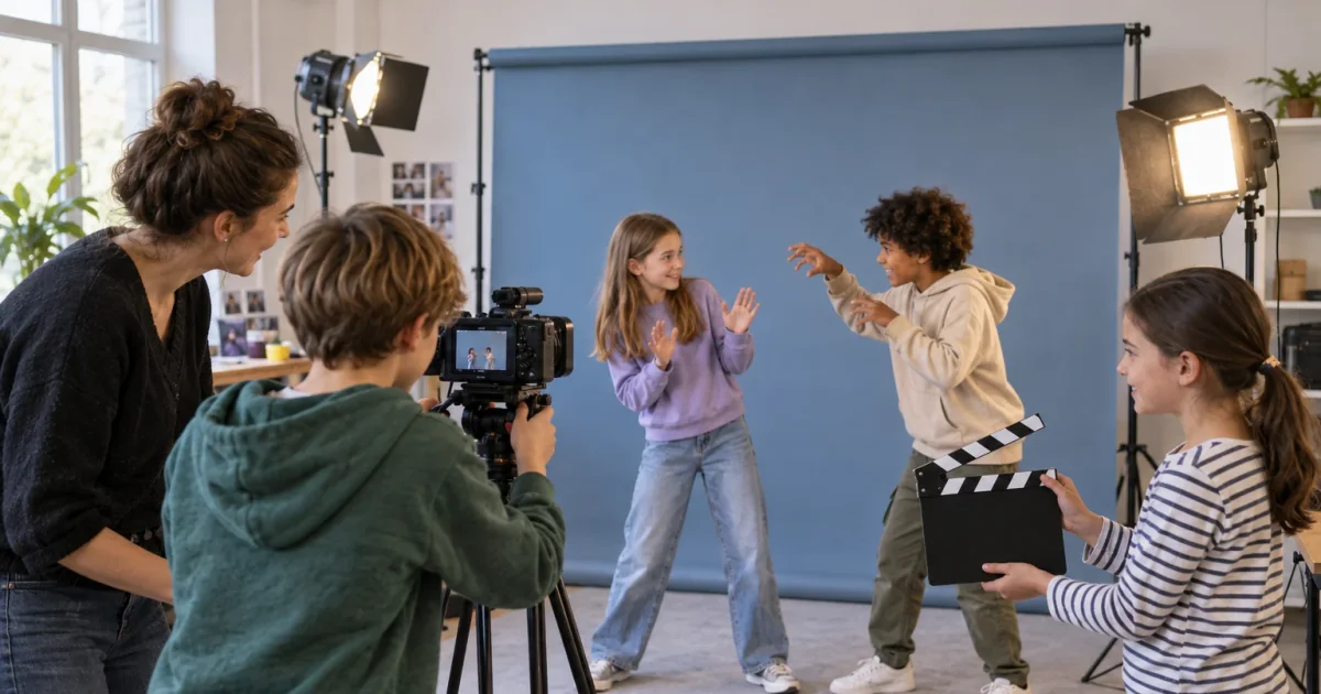 Kinder drehen mit einer Kamera auf einem Stativ eine eigene kleine Filmszene.