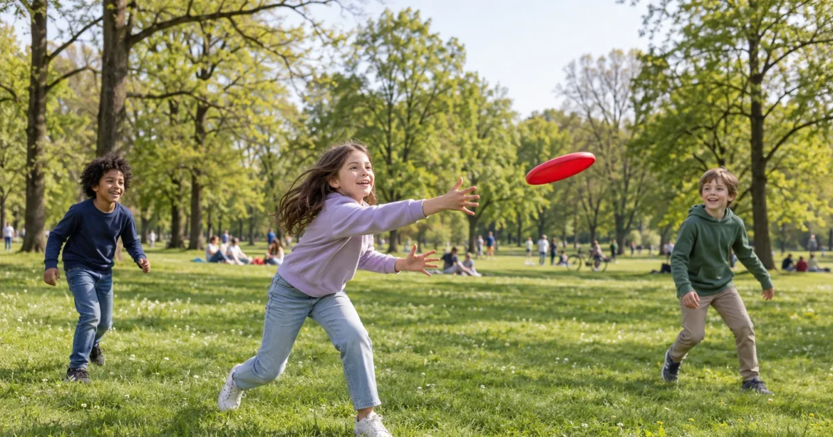 Ein Kind fängt eine Frisbee auf einer großen Parkwiese.