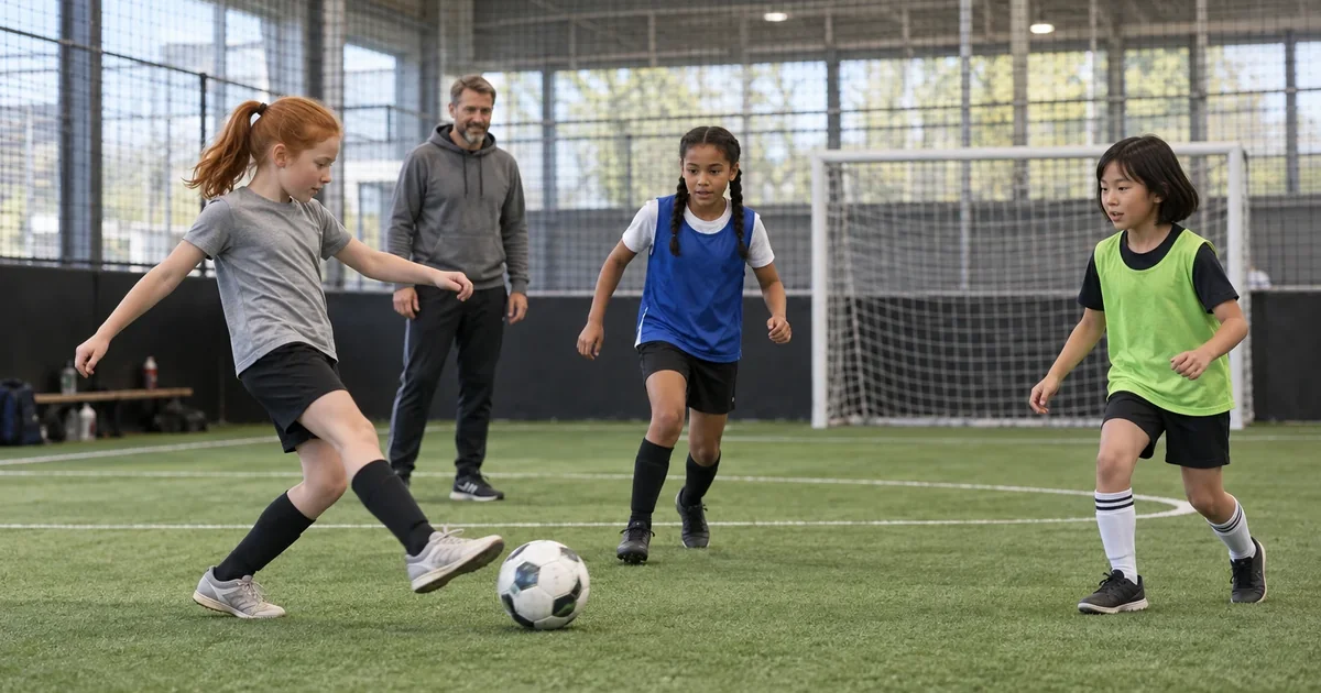 Kinder spielen Fußball auf einem kleinen Hallenplatz mit Kunstrasen.