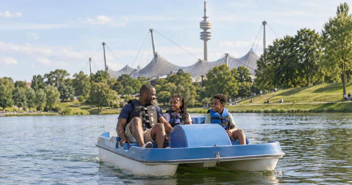 Eine Familie fährt mit Schwimmwesten in einem Tretboot über einen See.