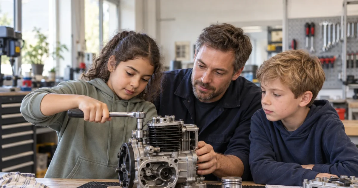 Kinder betrachten mit einem Betreuer die Teile eines kleinen Motormodells.