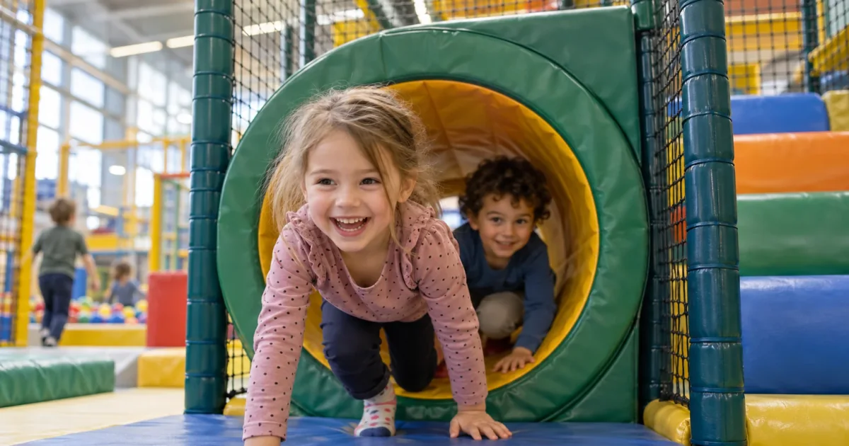 Ein Kind krabbelt aus einem gepolsterten Tunnel im Indoorspielbereich.