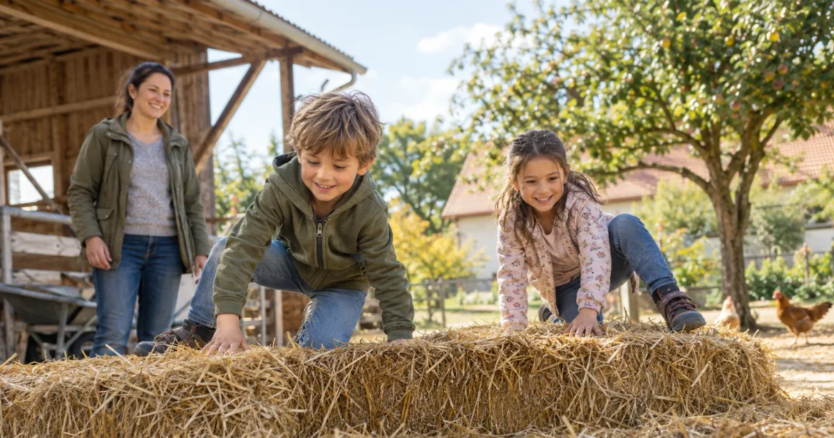 Kinder klettern im Sonnenschein über niedrige Strohballen.