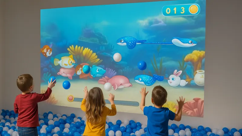 Kinder benutzen die interaktive Wand im MiniPlanet Wunderland.