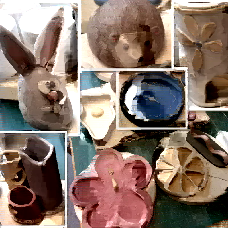 Collage getöpferter Kinderarbeiten aus der Kunsttruhe Magdeburg: Hase, Igel, Windlicht, Schalen und Stiftehalter